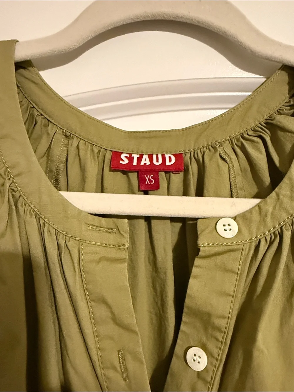 Staud Khaki Vincent Puff-Sleeve Button-Front Women’s Dress - Picture 5 of 6